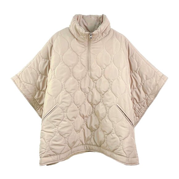 Quilted Short Sleeves Puffer Pullover Poncho in Beige / Camel. - Picture 2 of 2